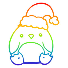 rainbow gradient line drawing cute cartoon penguin wearing christmas hat