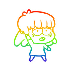 rainbow gradient line drawing cartoon tired woman waving
