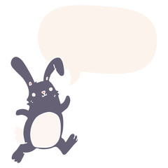 cartoon rabbit running and speech bubble in retro style