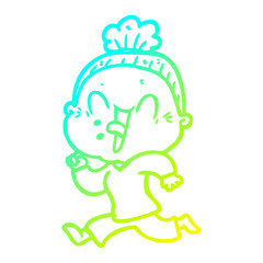 cold gradient line drawing cartoon happy old woman