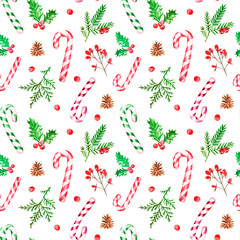 Watercolor festive Christmas pattern with pine cones, greenery branches, candy canes, holly, red berries. Winter holiday design for textile, cards.