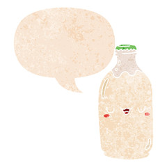 cute cartoon milk bottle and speech bubble in retro textured style