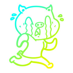 cold gradient line drawing crying pig cartoon