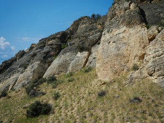 Upward shot of impressive geologic formations along the road through Bighorn National Forest in Wyoming.