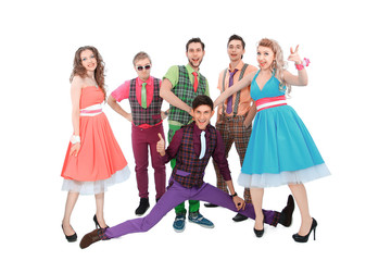 successful dance group in retro costumes . isolated on a white