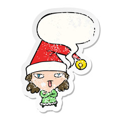cartoon girl wearing christmas hat and speech bubble distressed sticker