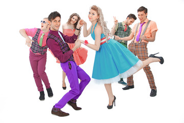 youth dance troupe in retro costumes . isolated on a white