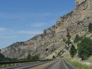 Scenic view of rock walls and geologic formations along the Bighorn Mountains in Wyoming.