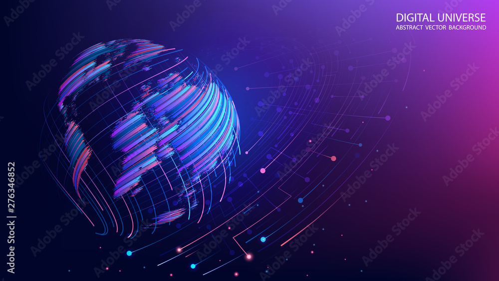 Poster violet and blue futuristic background with planet earth created by brush strokes. map of the planet.