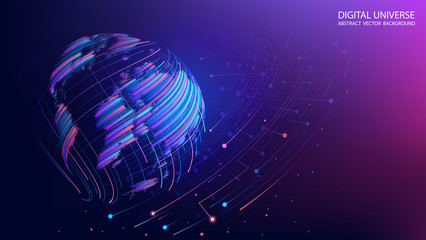 Violet and blue futuristic background with planet Earth created by brush strokes. Map of the planet. World map. Global social network. Future. Vector. Internet and technology. Plexus background.