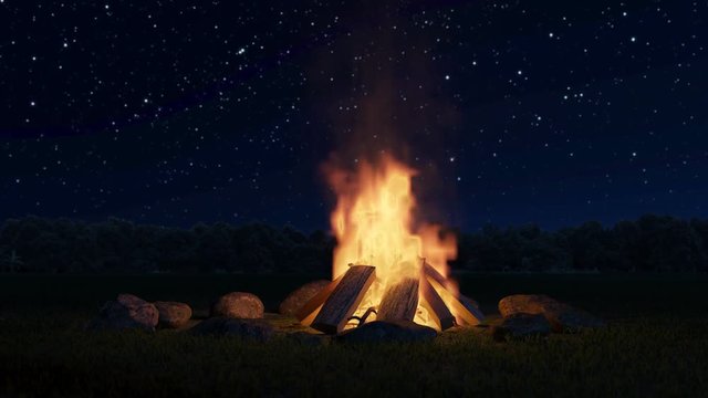 animation of big bonfire with sparks and particles in front of forest and starry sky