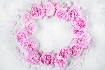 frame of pink roses as background