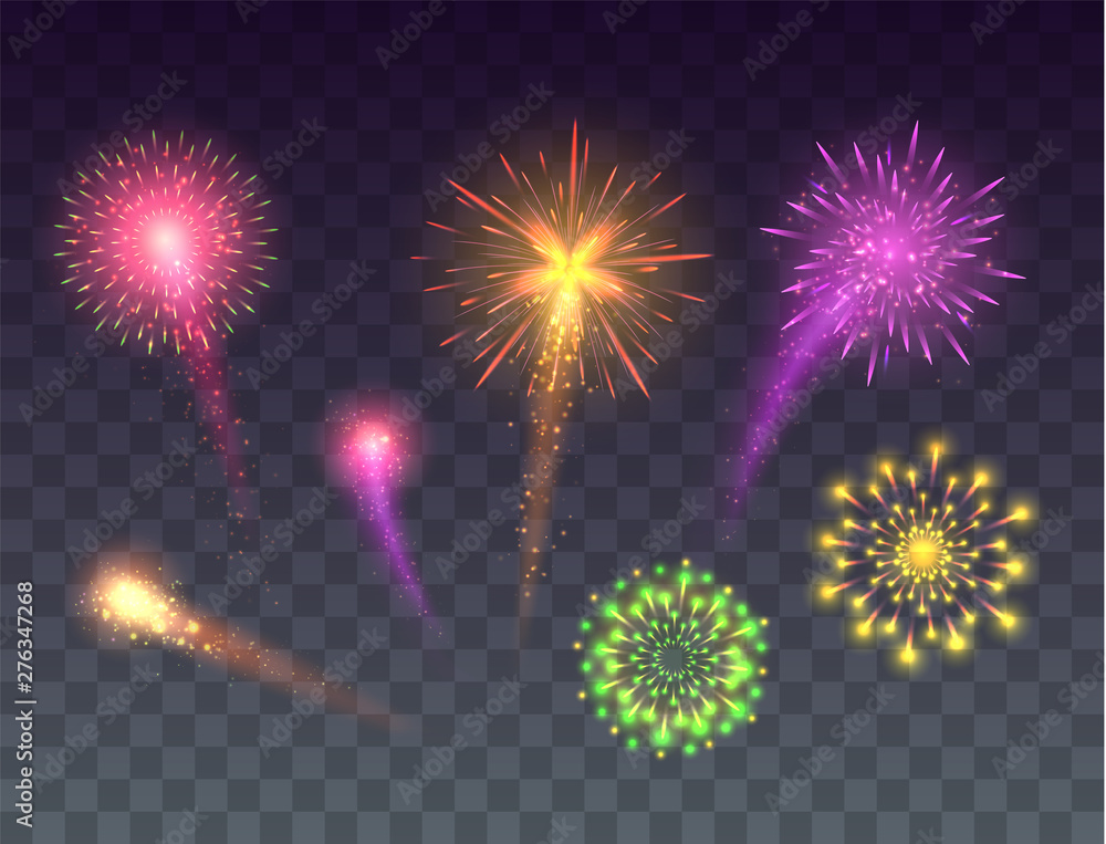 Sticker Set of glowing fireworks. 