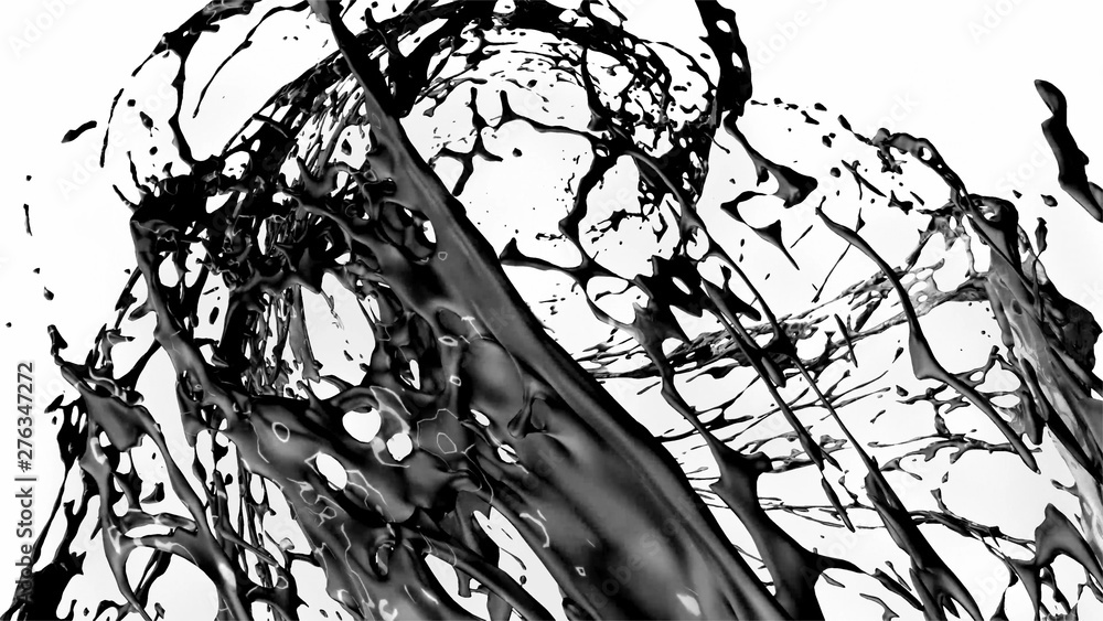 Poster black splash like petroleum is hanging in the air. 3d rendering of liquid splash in cartoon style. 2