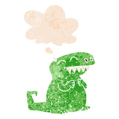 cartoon dinosaur and thought bubble in retro textured style