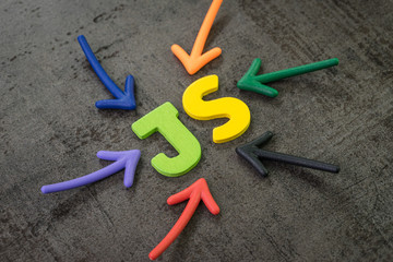 JS, Javascript modern programming language for software development or application concept, multi color arrows pointing to the word JS at the center of black cement chalkboard wall