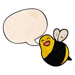 cartoon bee and speech bubble in retro texture style