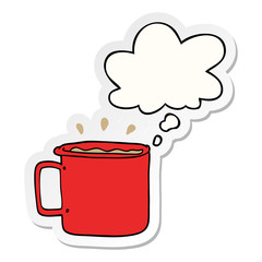 cartoon camping cup of coffee and thought bubble as a printed sticker