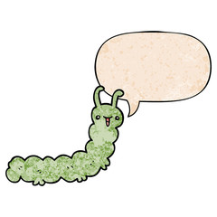 cartoon caterpillar and speech bubble in retro texture style
