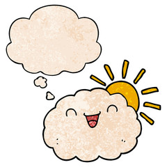 happy cartoon cloud and thought bubble in grunge texture pattern style