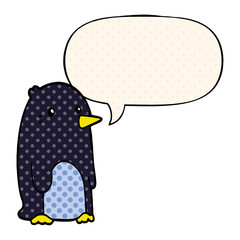 cartoon penguin and speech bubble in comic book style
