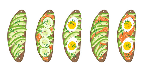 Set of delicious avocado, salmon, cucumber and egg sandwiches isolated on white background. Healthy delicious sandwiches with fresh dark rye rustic bread loafs. Clean eating. Vector hand drawn illustr