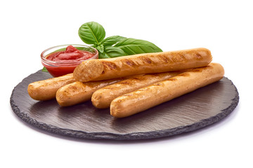 Grilled chicken sausages, close-up, isolated on white background