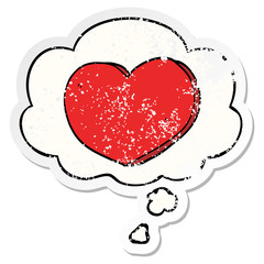 cartoon love heart and thought bubble as a distressed worn sticker