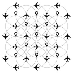 Airplane, airplane's dotted path, aircraft tracking, the pattern of the trace or roads vector illustration.