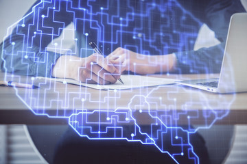 Brain multi exposure icon with man hands background.