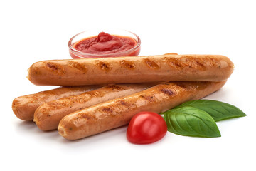 Grilled chicken hot dog sausages, close-up, isolated on white background