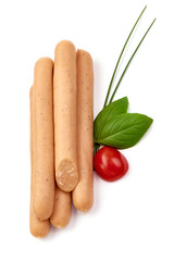 Fresh boiled chicken sausages, for grill, top view, isolated on white background