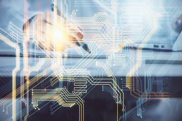 Multi exposure of hands making notes with world map hologram and data theme icons. Concept of global data.