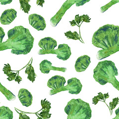 Seamless pattern with broccoli. Hand drawn background. food pattern for wallpaper or fabric. Watercolor pattern with broccoli