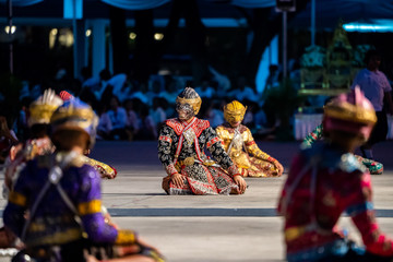 Ramayana pantomime story dancing and acting on the ground by Thai students in Thai Temple - obrazy, fototapety, plakaty