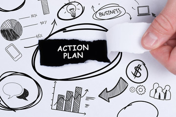 Business, technology, internet and networking concept. Young entrepreneur showing keyword: Action...