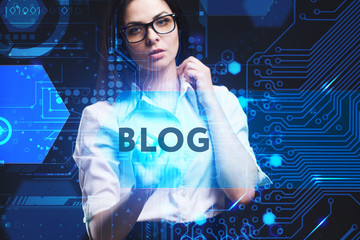 The concept of business, technology, the Internet and the network. A young entrepreneur working on a virtual screen of the future and sees the inscription: Blog