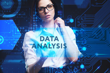 The concept of business, technology, the Internet and the network. A young entrepreneur working on a virtual screen of the future and sees the inscription: Data analysis