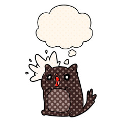 cartoon shocked cat and thought bubble in comic book style