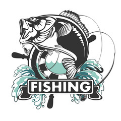Bass fiishing logo for sport club. Bass fish with rod club emblem. Fishing theme vector illustration.