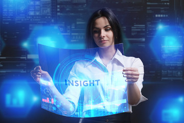 The concept of business, technology, the Internet and the network. A young entrepreneur working on a virtual screen of the future and sees the inscription: Insight