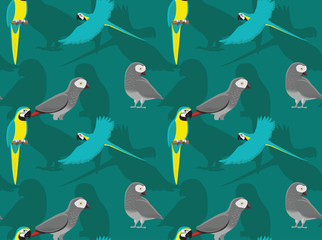 Blue and Yellow Macaw Grey Parrot Cartoon Seamless Wallpaper