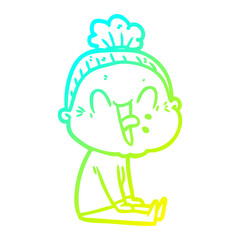 cold gradient line drawing cartoon happy old woman
