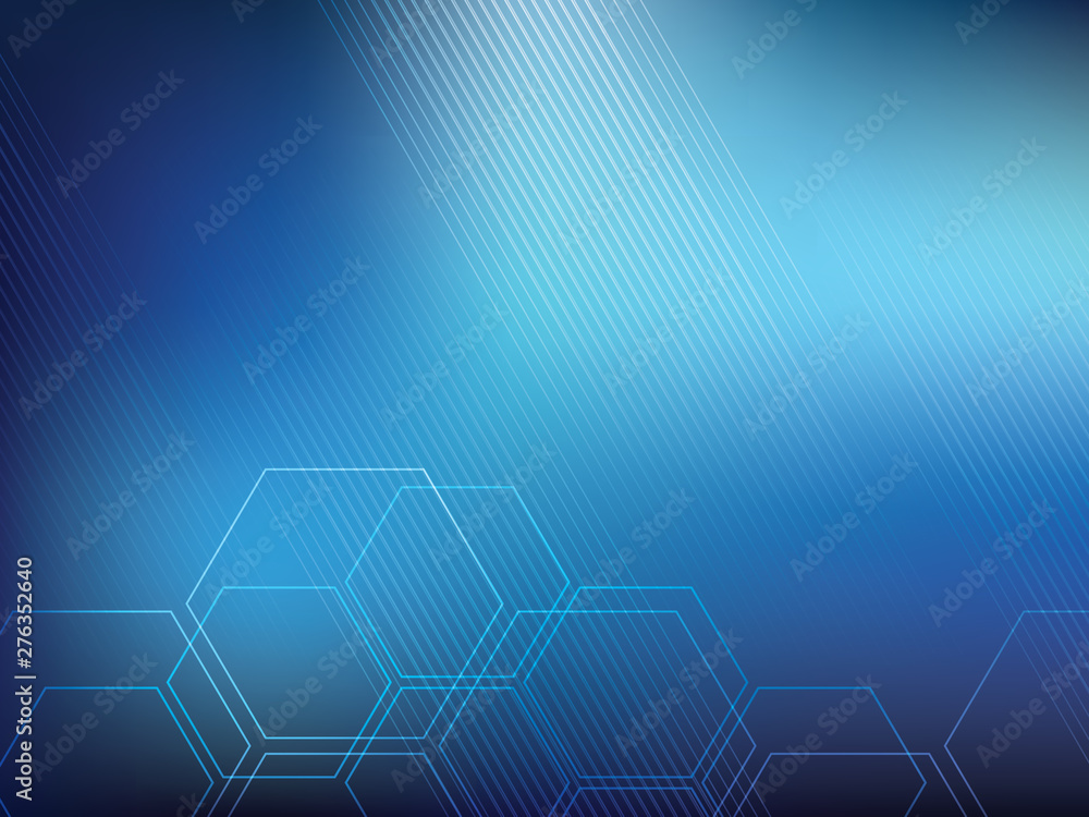 Poster blue abstract background technology with hexagonal shapes and parallel lines. bright background and 