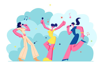 Fototapeta na wymiar Excited Young Girls Company with Microphones Performing on Karaoke Party. Happy Female Characters Cheerfully Singing, Music, Happy Life Moments, Weekend Leisure Hobby. Cartoon Flat Vector Illustration