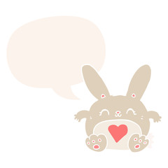 cute cartoon rabbit and love heart and speech bubble in retro style