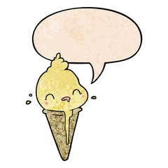 cute cartoon ice cream and speech bubble in retro texture style