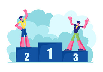 Male Characters Sportsmen Stand on Win Pedestal. Happy Athletes on Winners Podium with Silver and Bronze Medals. Victory, Sport Lifestyle, Success Achievement, Trophy. Cartoon Flat Vector Illustration