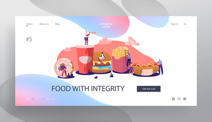 Tiny Characters Interacting with Fastfood. Huge Burger, Hot Dog, French Fries, Donut, Soda Drink. People Eating Street Fast Food Website Landing Page, Web Page. Cartoon Flat Vector Illustration Banner