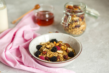 Granola with yogurt, honey and berries. Breakfast with berries and nuts. The correct breakfast. Delicious dish in the morning